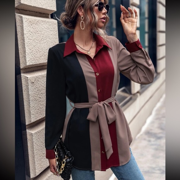 Color Block Belted Tunic Button Down Shirt Top Blouse - Picture 2 of 4